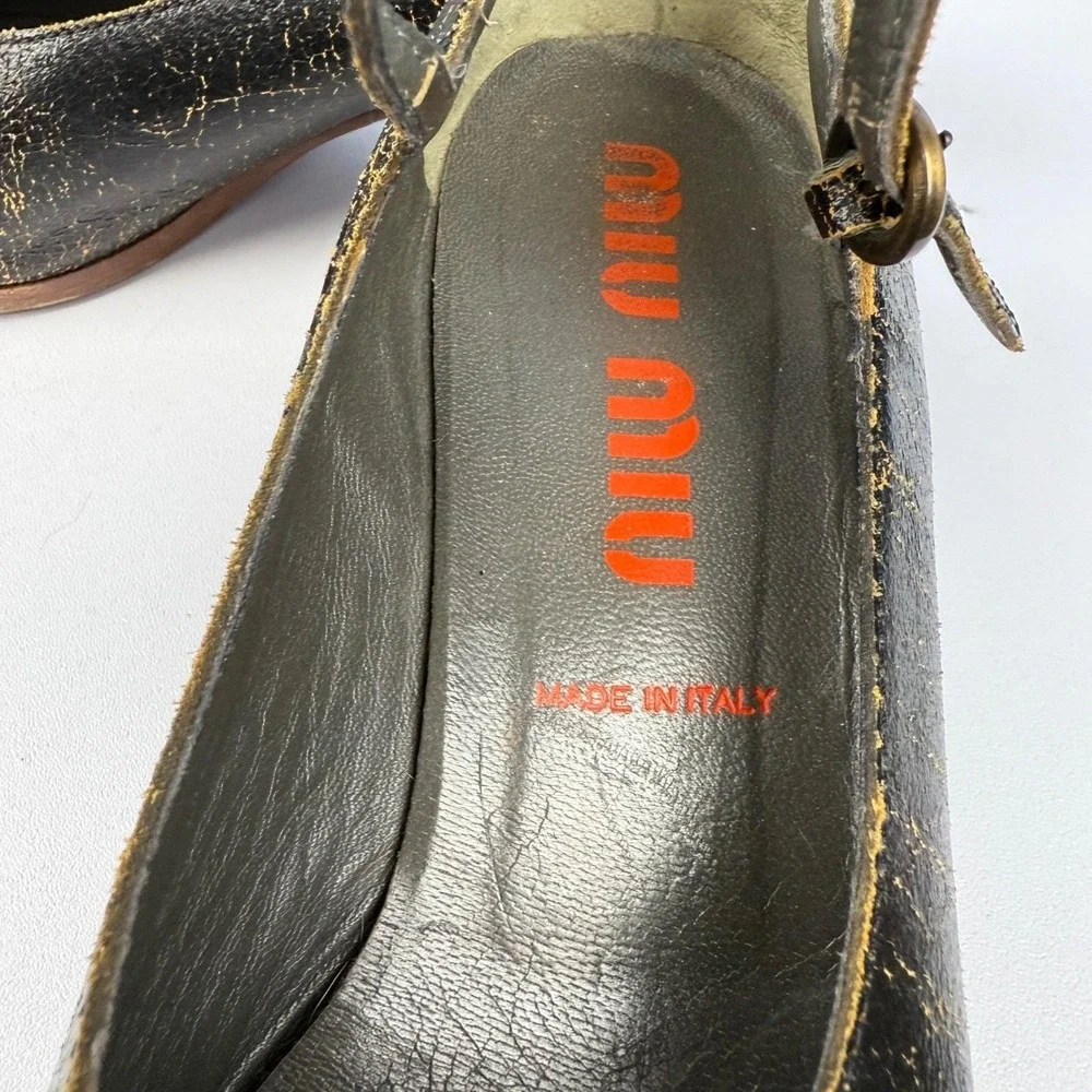 Vintage 2001 MIU MIU‎ Size 37 Black Crackle Leather Mary Janes Kitten Heels Y2K